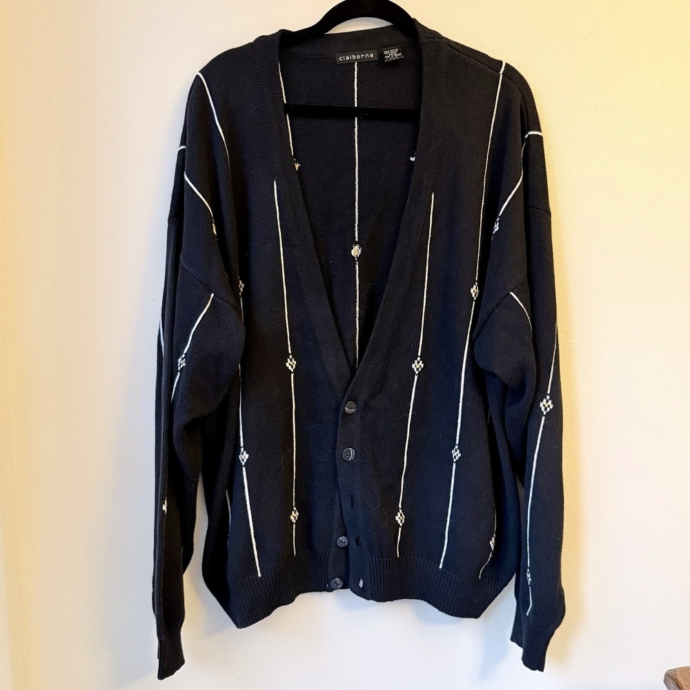 Vintage Claiborne Mens Button Cardigan Sweater XL Black White Stripe Academia OS